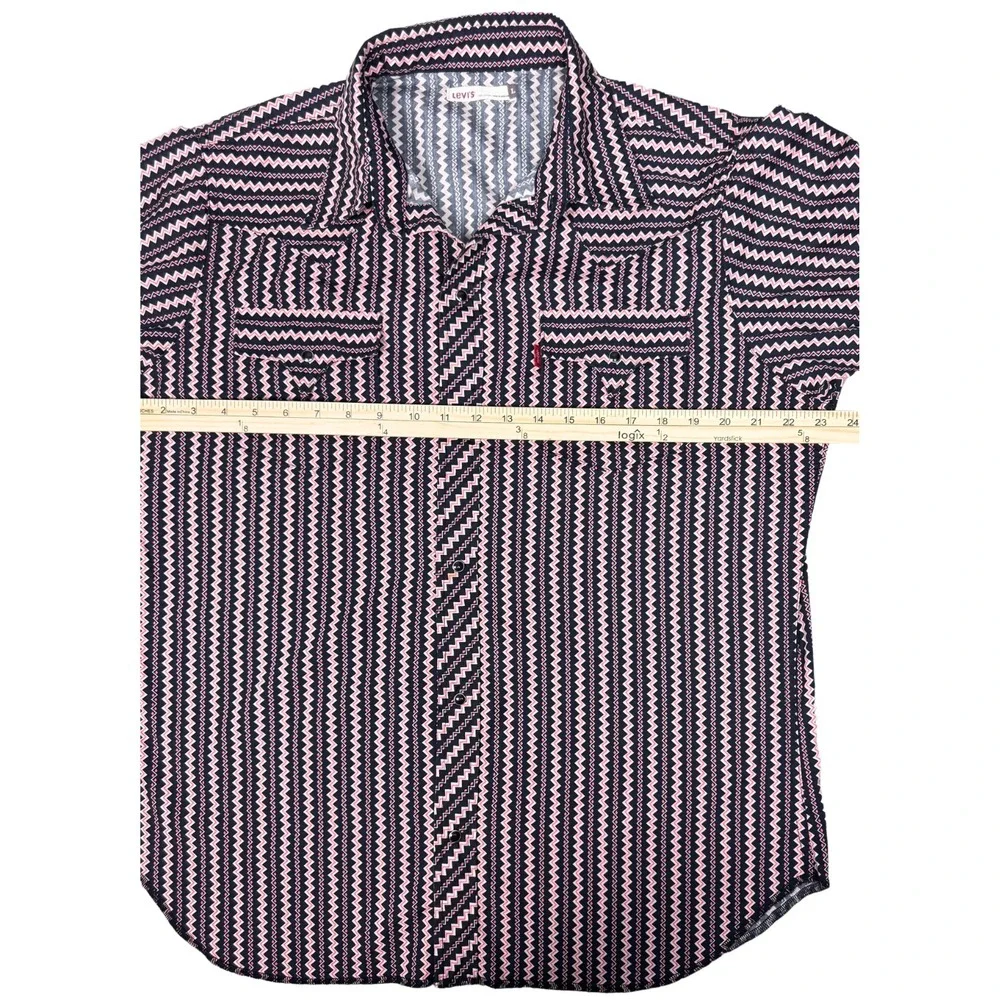 Levi's Western Shirt Geometric Zigzag Pearl Snap Mens Large Pink Black Rodeo Vtg